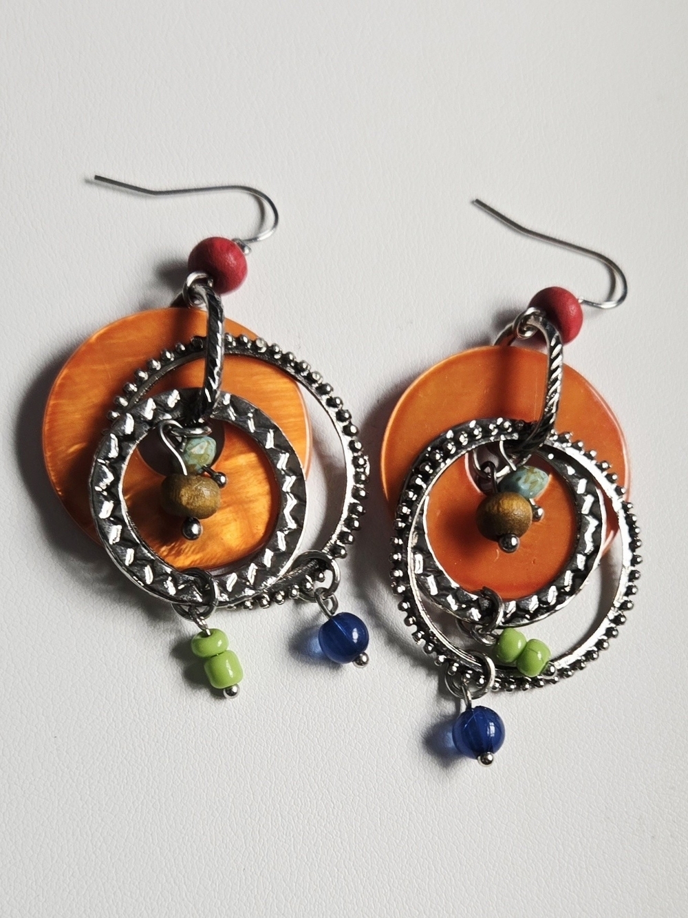 Artisan Orange and Multicolor Bead Dangle Hoop Earrings - Picture 7 of 11